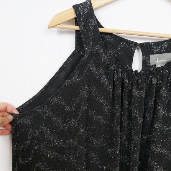 Anthropologie Shimmer Carly Bubble Hem Blouse Sz L Black Silver Metallic Zig Zag - Picture 11 of 12